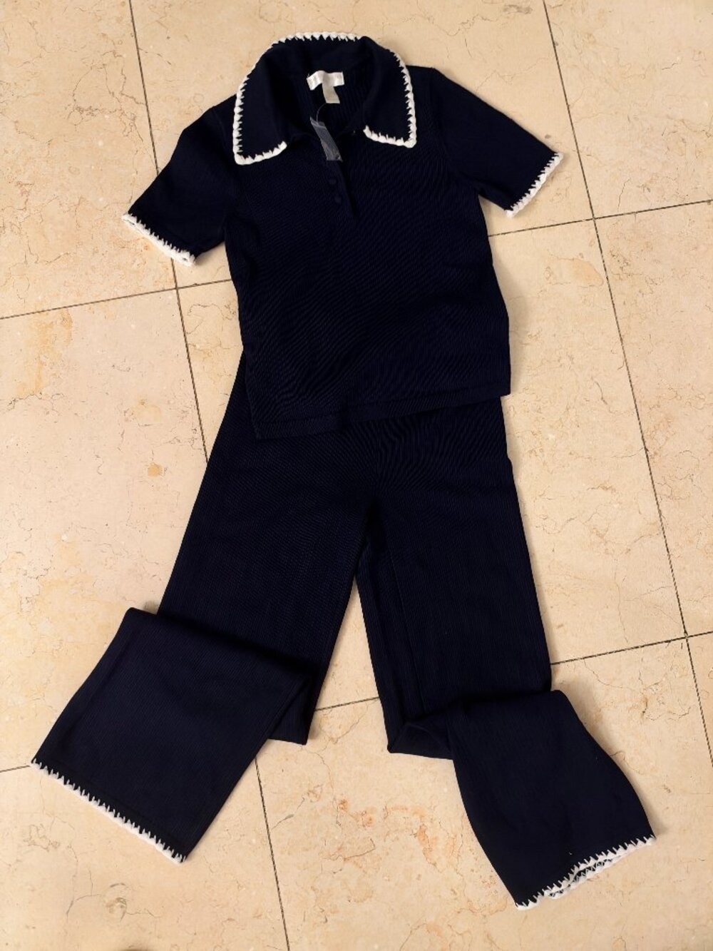 Caroline Constas Navy Crochet Trim Ribbed Knit Set